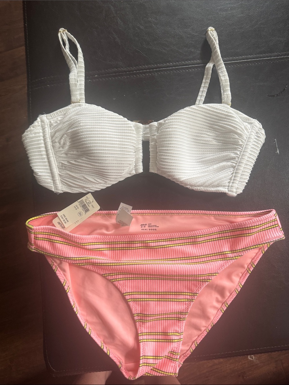 aerie PeachStriped bottom with white Too Gold and Brown Detail retails $55